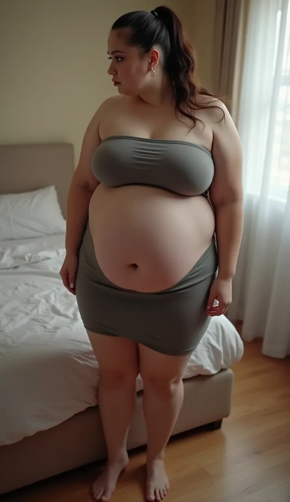 In room, high angle view, a massive ass pawg voluptous obese bbw 25-year old white european student with huge fat protruding bloated saggy belly standing near bed, side view brunette slickback ponytail, slight face wrinkles, hoop earings, realistic tongue,...