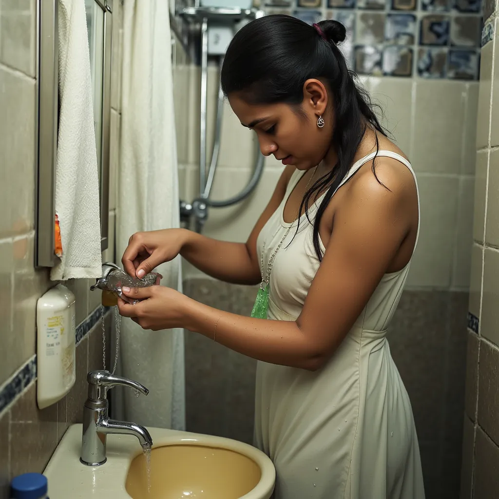 Sknny girl with a wet ttransparent faded dress  cleaning bathroom sights swacha bharat abhijan 