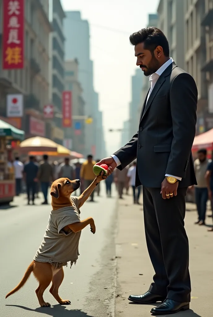 A realistic scene of a poor, weak puppy wearing an old, torn T-shirt, standing on a busy city street. The puppy, looking desperate and hungry, is extending its small paw, offering a watermelon to a wealthy Indian man. The rich man is well-dressed in a luxu...