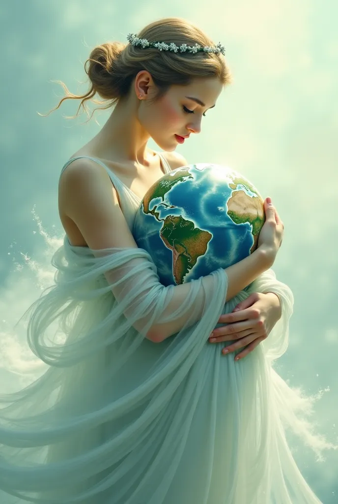 A woman holding planet Earth as if she were a baby 