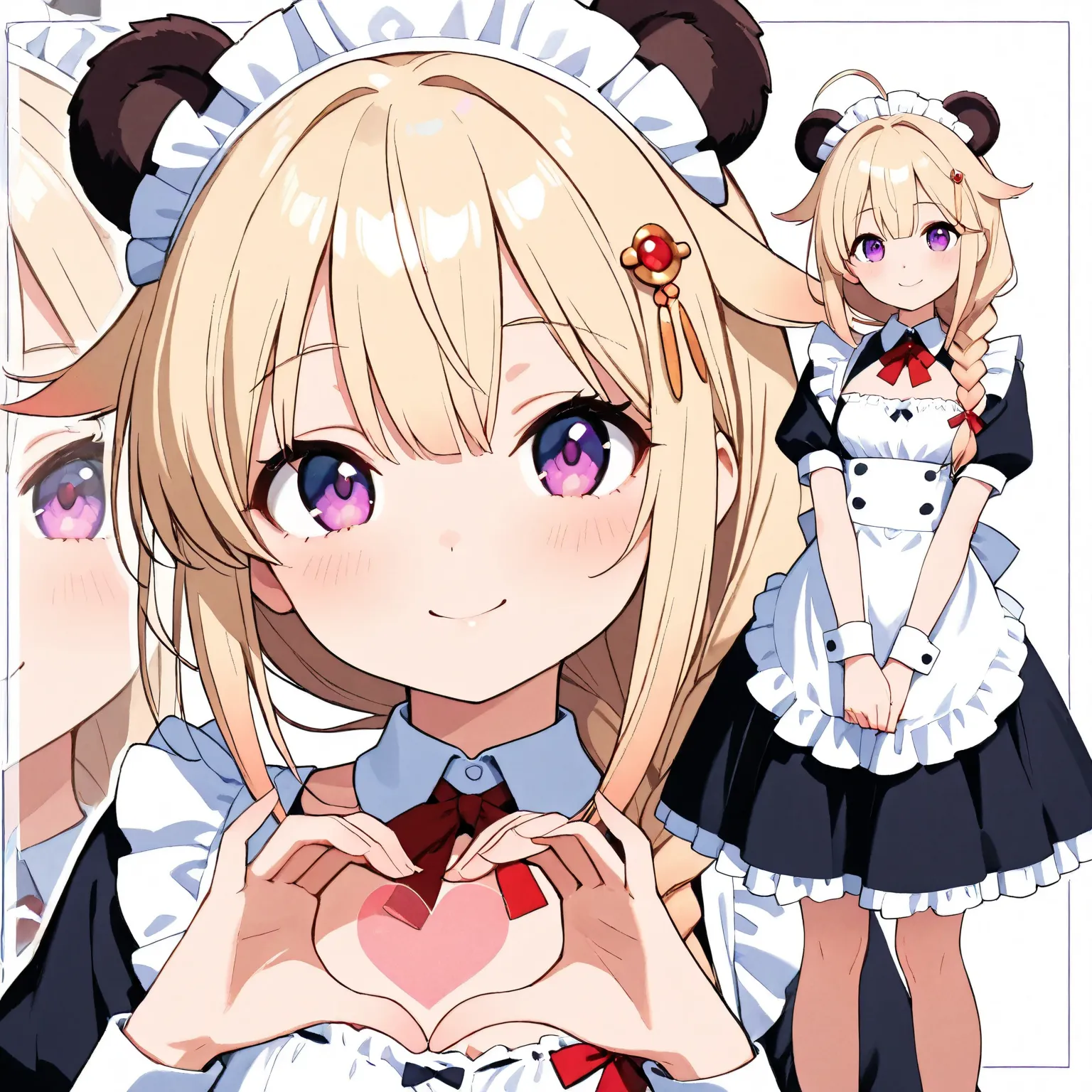 2girl, High Resolution,, Hair Flaps, , small Breasts, Panda Ears, Messy Hair, Smile, maid outfit,  Purple Eyes, Braided Ponytail, Blonde Hair, Projected Inset, heart hand,