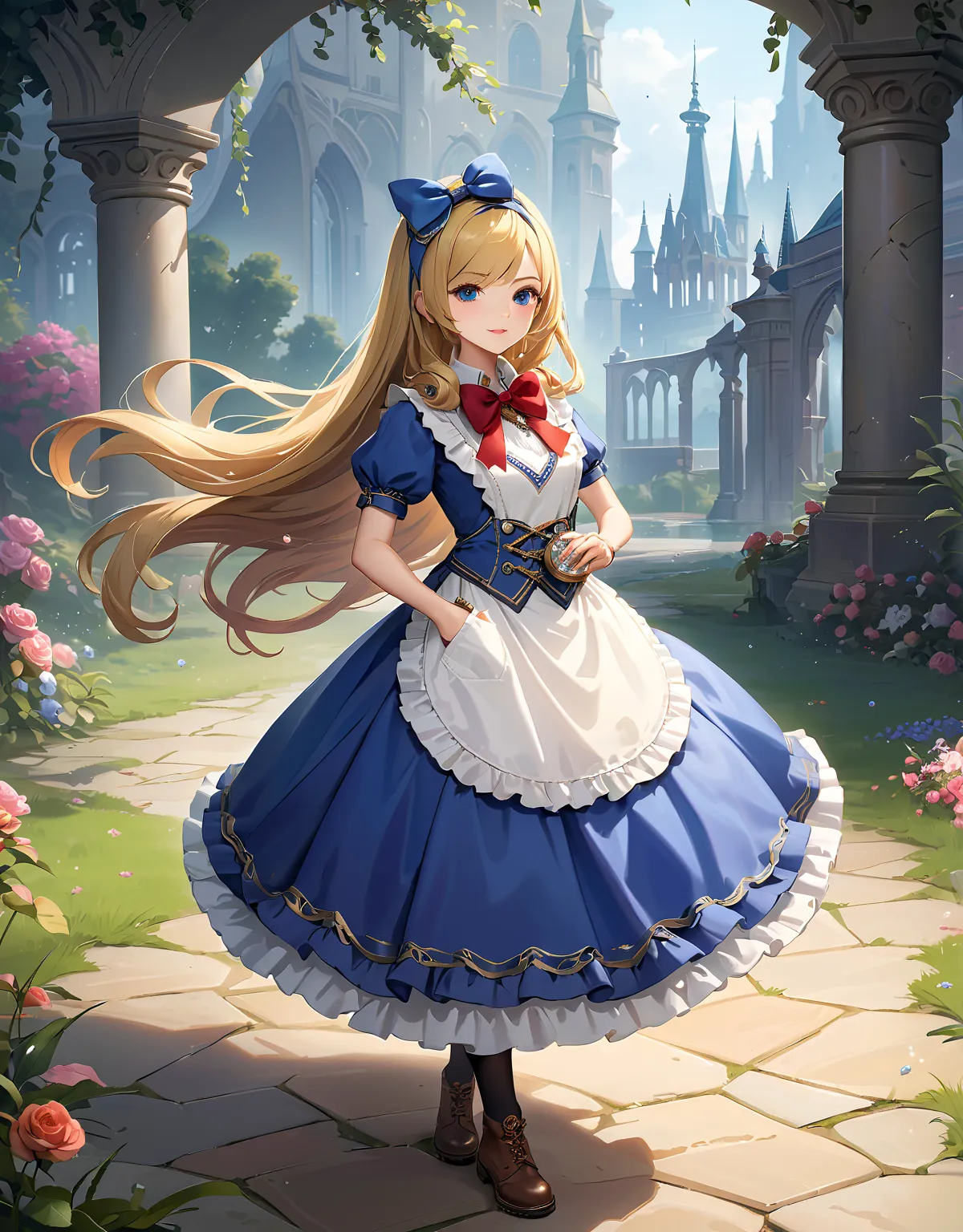 ( Cygames , Official Art, shadowverse, attack on Bahamut ), a beautiful masterpiece portrait of a blonde girl in a blue  dress,  standing, full body, (she has a large pocket watch watch medium clock hanging loosely off her shoulder like a pendant),     アブサ...