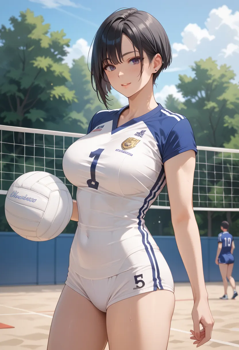 1 girl, High Resolution, anatomically correct, masterpiece, accurate, Shortcut, solo, cowboy shot standing in a natural position, big breasts,  black hair,volleyball uniform