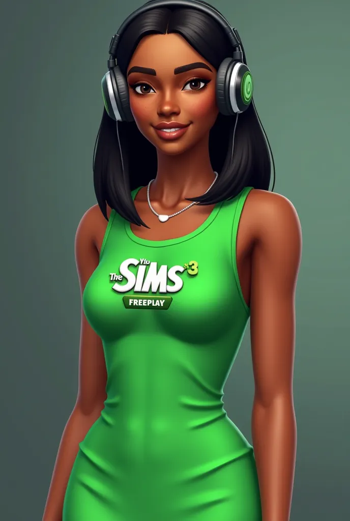 Mulher negra com fone de 🎧 cabelo liso vestido verde com o símbolo de the sims 
 Freeplay na blusa