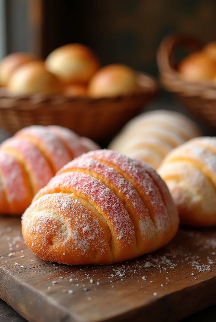   
"Generates an ultra-realistic image of Mexican shells (traditional sweet bread).  focus on details : crunchy texture of sugar on the surface with the well-defined shell pattern,  vibrant colors like pink , white or light brown, and the soft and fluffy c...