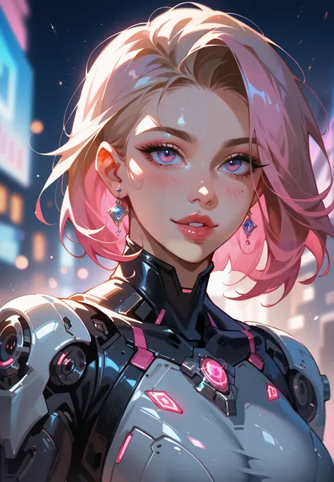 1girl, sexy female cyborg wearing scratched and tarnished futuristic armor in a destroyed futuristic city, fantasy, sci-fi, beautiful feminine face, seductive, sexual, mist, vivid alluring eyes, dramatic, shallow depth of field, cinematic lighting, bloom, ...