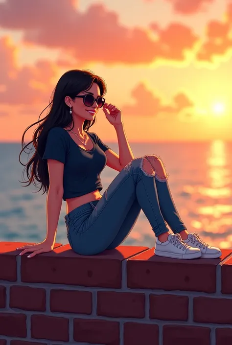 Realistic anime-style illustration of a young woman with long hair and dark, fair skin and serene smile, sitting relaxed on a brick wall overlooking the ocean at sunset.  He wears round sunglasses , a dark blue top and tight ripped jeans, combined with whi...