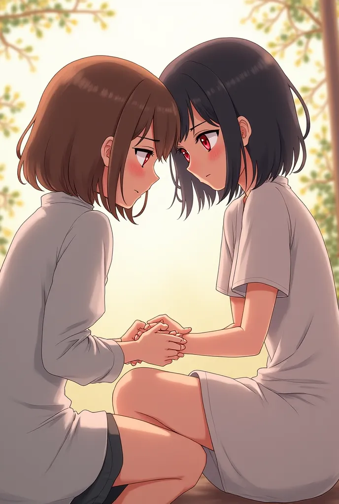 Take a picture of two anime girls one girl has black hair with red eyes and the other girl has brown hair and brown hair. The girl with the black hair treats a wound from the girl with the brown hair