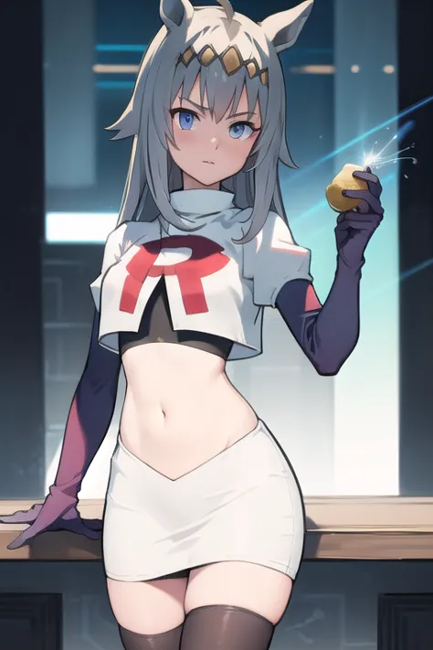 masterpiece, best quality, 
oguri cap \(umamusume\), light ray, 
navel, team rocket,team rocket uniform,white skirt,red letter R,crop top,black thigh-highs,black elbow gloves
