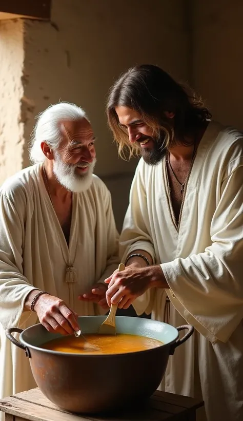 The image depicts an intimate and welcoming moment between two figures in a simple, rustic setting. On one side, an elderly man with white hair is wearing a simple, completely dirty white outfit, and he has a soft, expressive smile as he looks at the man n...