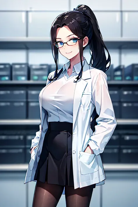 super detail, bust shot, female, large breasts, mature and beautiful, light smile, black hair, ponytail, lab coat, light blue eyes, glasses, black pantyhose, black skirt, tight skirt, white shirt, 170cm,tender, beautiful detailed eyes, hands in pockets of ...