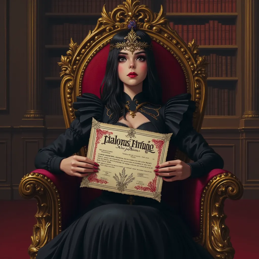 Beautiful 19 year old gothic girl, wearing royal priestess dress, flowing angelic hair, gothic makeup, smiling, posing on a heavy wooden chair in a library, presenting a very large fancy wedding certificate with red details