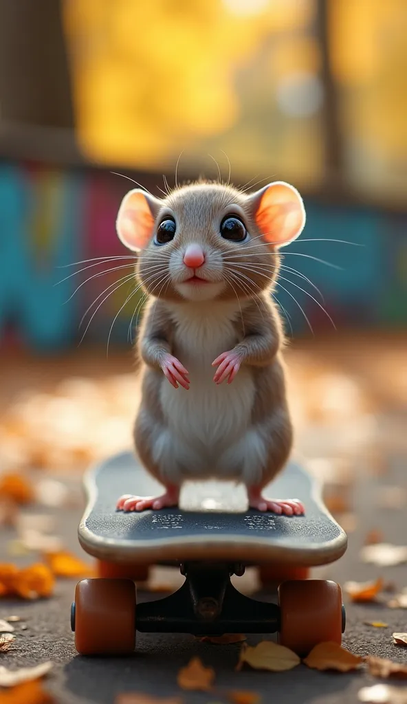 "A hyper-realistic close-up of a small, curious rat standing upright on a worn skateboard in an urban park setting during autumn. The rat's fur is a mix of soft brown and gray, with a white underbelly. Its large, round black eyes glisten with curiosity, an...