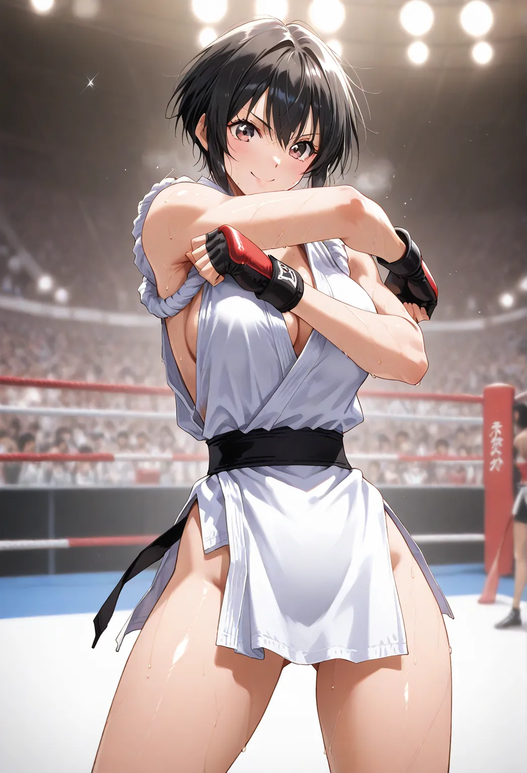 Very Short Hair、、(Judo)、black hair、 Black Belt、BOXING RING、Resist、、、A beautiful high school student and 、、masterpiece,、Martial Arts Ring、Stadium、 lots of people、best quality, ,Arm Lock, perfect body, ,   fingerless gloves  ,    ,    Shiny Skin, Steamy swea...