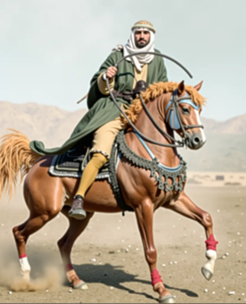 An Arab man on a horse on a battlefield against the English