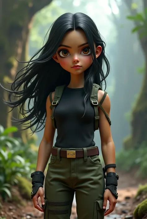 A peluche of a girl with black hair, military cargo and black Top