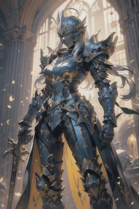 A female knight in a magnificent full armor, seamlessly blending the worlds of medieval and sci-fi, with futuristic technology intersecting with medieval elements. Her armor is exquisitely detailed, featuring intricate engravings and polished metallic surf...