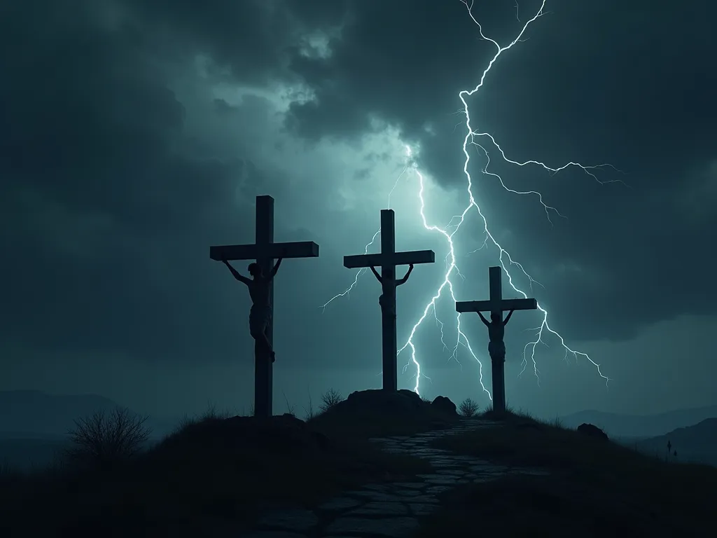 A haunting depiction of Golgotha, the place of the skull, under a dark, stormy sky. Three crosses stand ominously on a hill, as lightning crackles in the background.