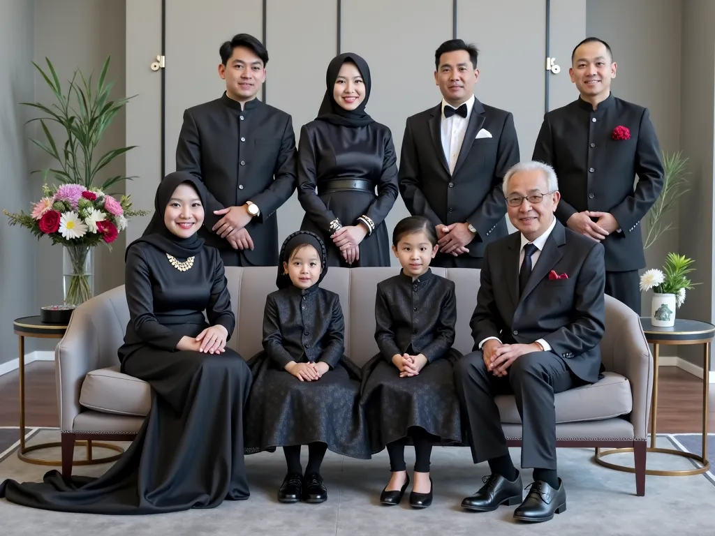 A beautifully composed studio photograph of an Indonesian family of eight members. The parents, aged 80, are sitting on a chair, mother is wearing a modern hijab inside and a luxurious black Muslim dress, while the father is dressed in a black formal suit....