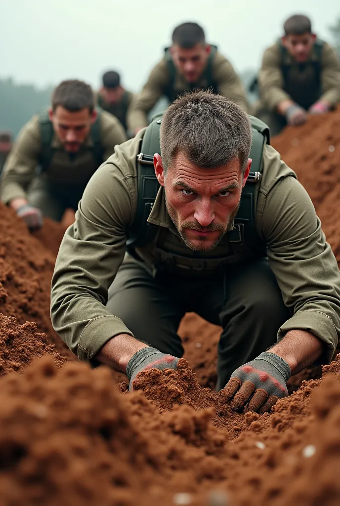 Soldiers moving and lifting the soil up