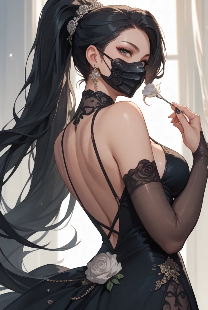 black-haired woman with a long ponytail 
 with an elegant black dress in the back with a mask 
Black in the eyes 