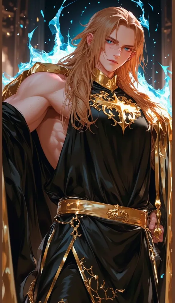 Create an imposing, muscular man dressed in majestic attire worthy of a king. His long, straight white hair falls over his shoulders, giving him a noble and imposing aura. His piercing eyes exude power and determination, reflecting the authority of a true ...