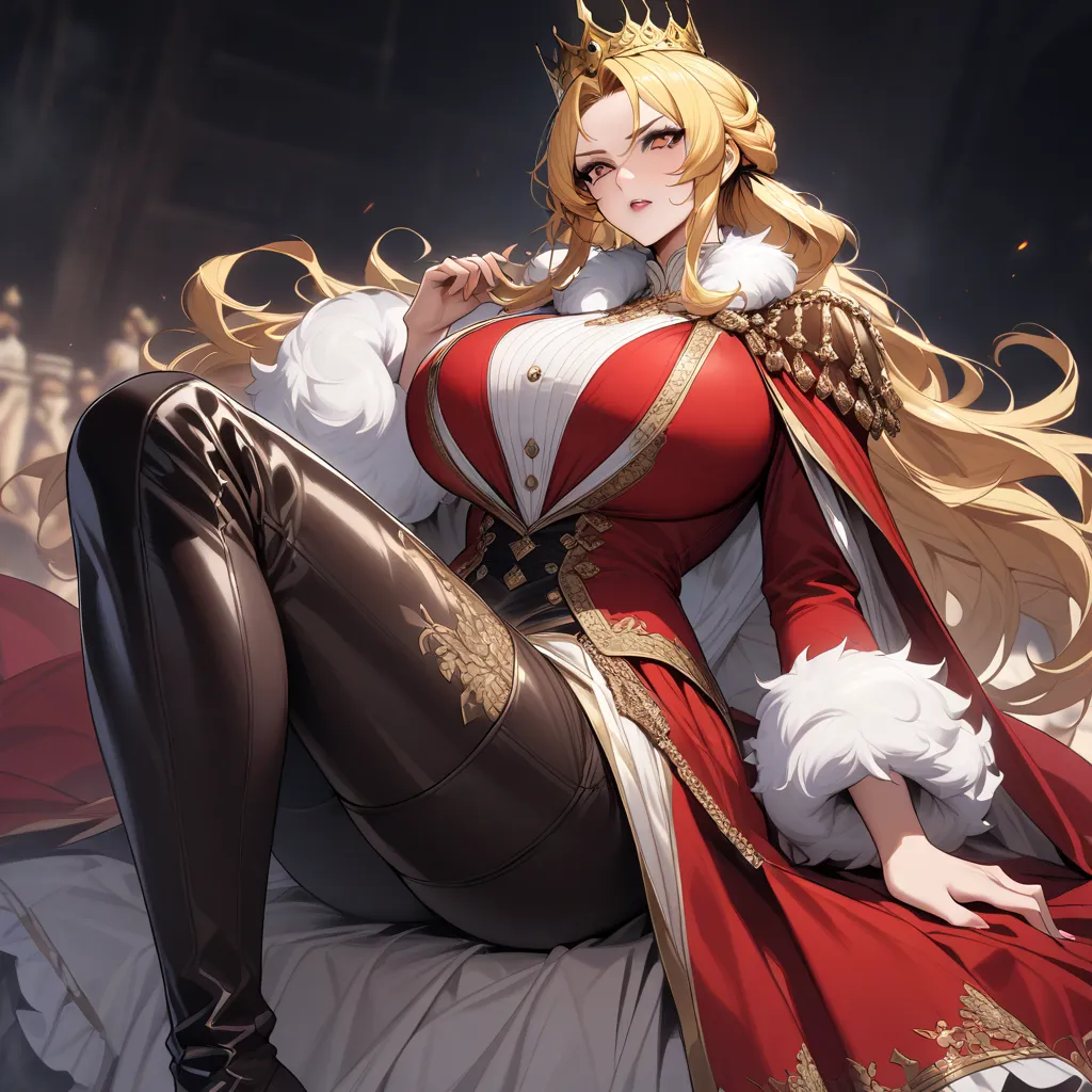 Woman, 1 person, gigantic breast, yellow hair, long wavy hair, low twintail hairstyle"A tomboyish woman wearing a regal king's outfit. The outfit features a luxurious red robe with gold embroidery and a white fur collar. Underneath, she wears a fitted red ...