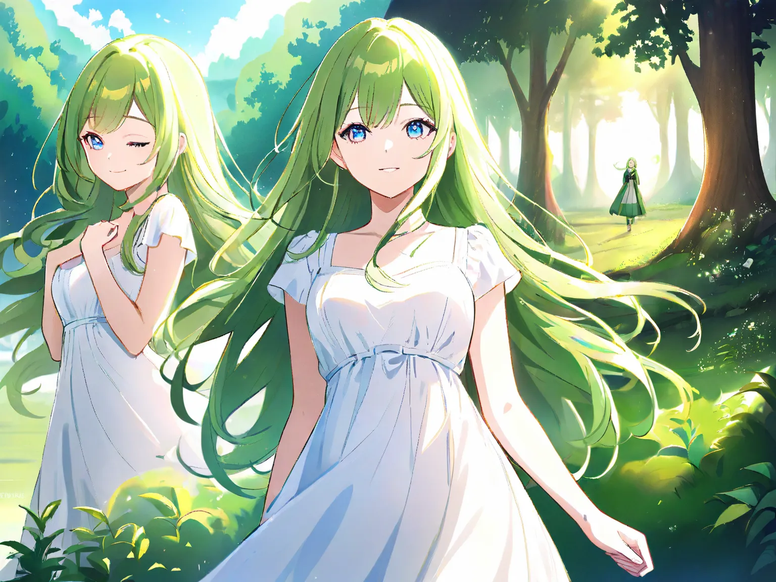 multiple views, The sunlight gently shines her white dress, creating a fantastic scene in harmony the greenery of the forest.  A beautiful woman in a white dress stands against the backdrop  lush green forest  sunlight streaming through the trees. Her long...