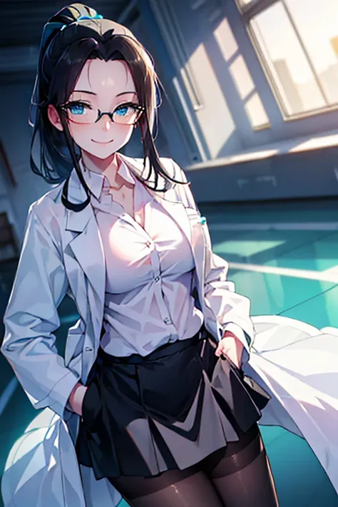 super detail, bust shot, female, large breasts, mature and beautiful, light smile, black hair, ponytail, lab coat, light blue eyes, glasses, black pantyhose, black skirt, tight skirt, cyan shirt, 170cm,tender, beautiful detailed eyes, hands in pockets of l...