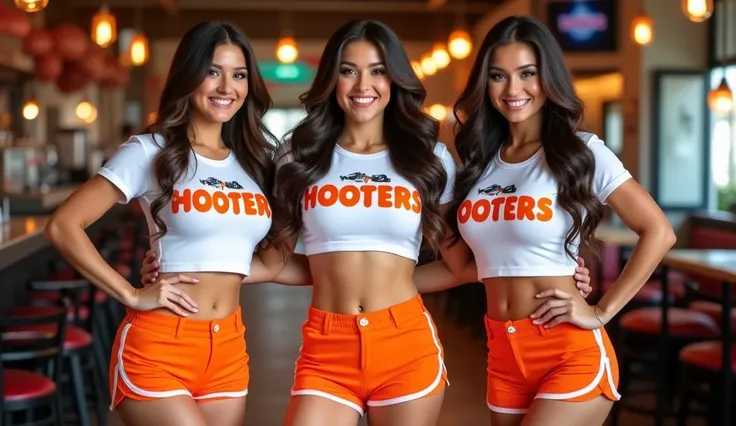 The woman is standing inside what appears to be a restaurant. The im shows three women standing, each dressed in matching orange short and white tshirt sexy and voluptuous. The uniforms prominently display tteam name "HOOTERS" in bold orange letters . Each...