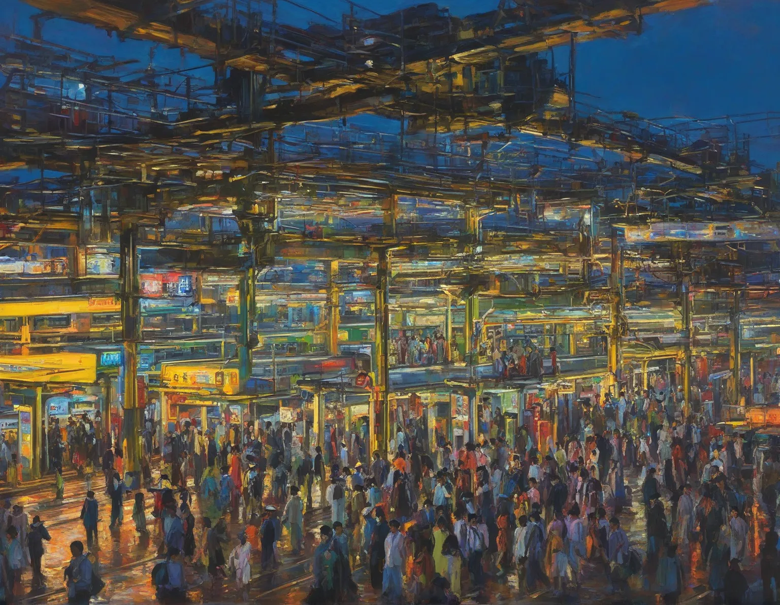 ((oil)), A bustling station, evening, people々Comes and goes,  station platform, Many passengers, neon, Railway, Vibrancy,  urban atmosphere 