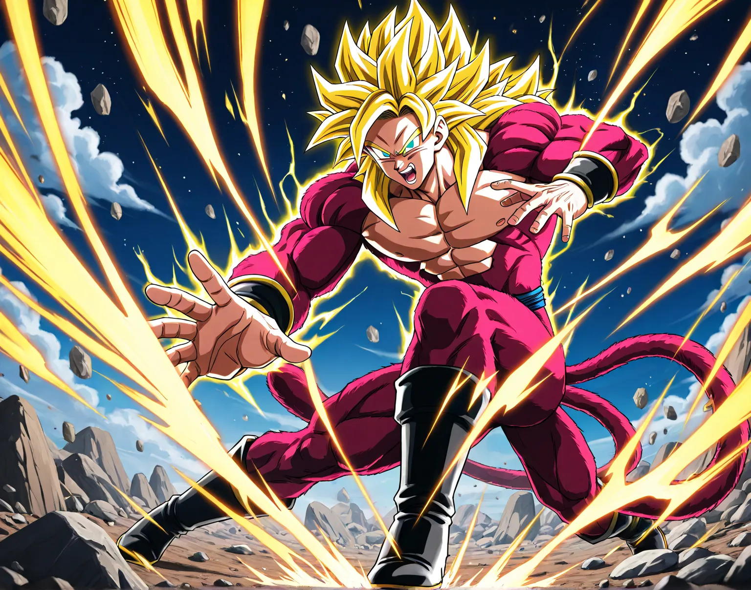 "Create a dramatic and energetic illustration of Goku at the exact moment he transforms into Super Saiyan 4. Goku is at the center of the image, with an expression of intense determination and controlled fury.  Her body is in transition , with reddish-brow...