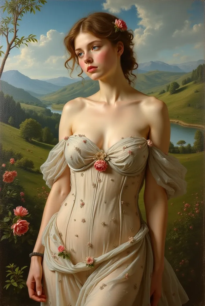 A painting drawn in the style of Raphael, a beautiful Caucasian woman with large breasts dressed in a transparent dress.