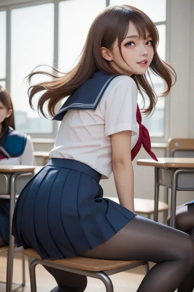 Japanese Girl、pretty girl、 reddish brown hair bouncing sideways、 style、(school uniforms、navy blue skirt from the bottom of the seat、leggings)