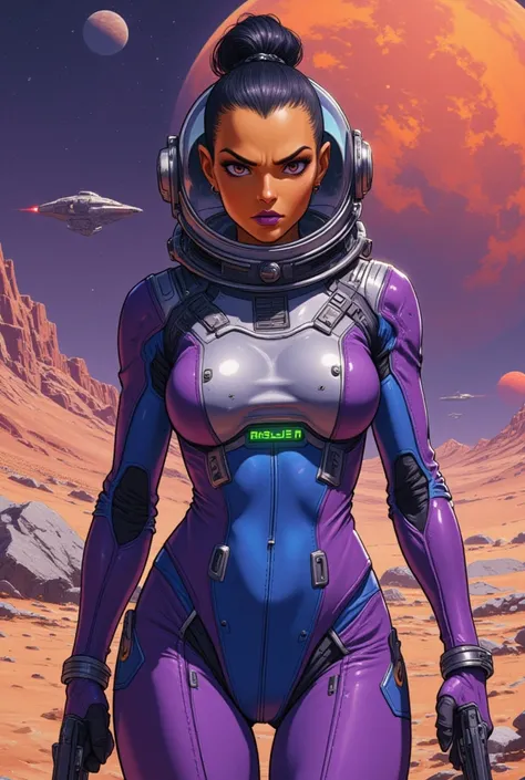 illustrate a female alien with a shaved head and a black top knot, she has orange-yellow skin and purple lips, pointed ears. She wears a saturated violet and saturated blue space suit with silver trim, with blue down the middle and violet up the sides. The...