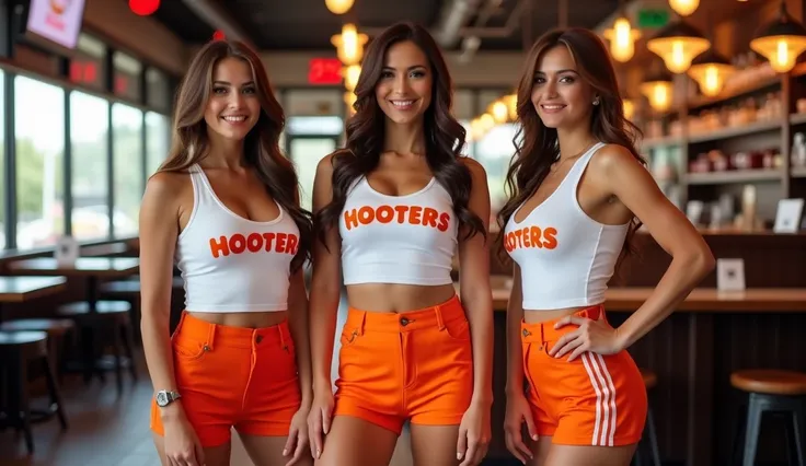 The woman is standing inside what appears to be a restaurant. The im shows three women standing, each dressed in matching orange short and white tshirt sexy and voluptuous b-neck. The uniforms prominently display tteam name "HOOTERS" in bold orange letters...