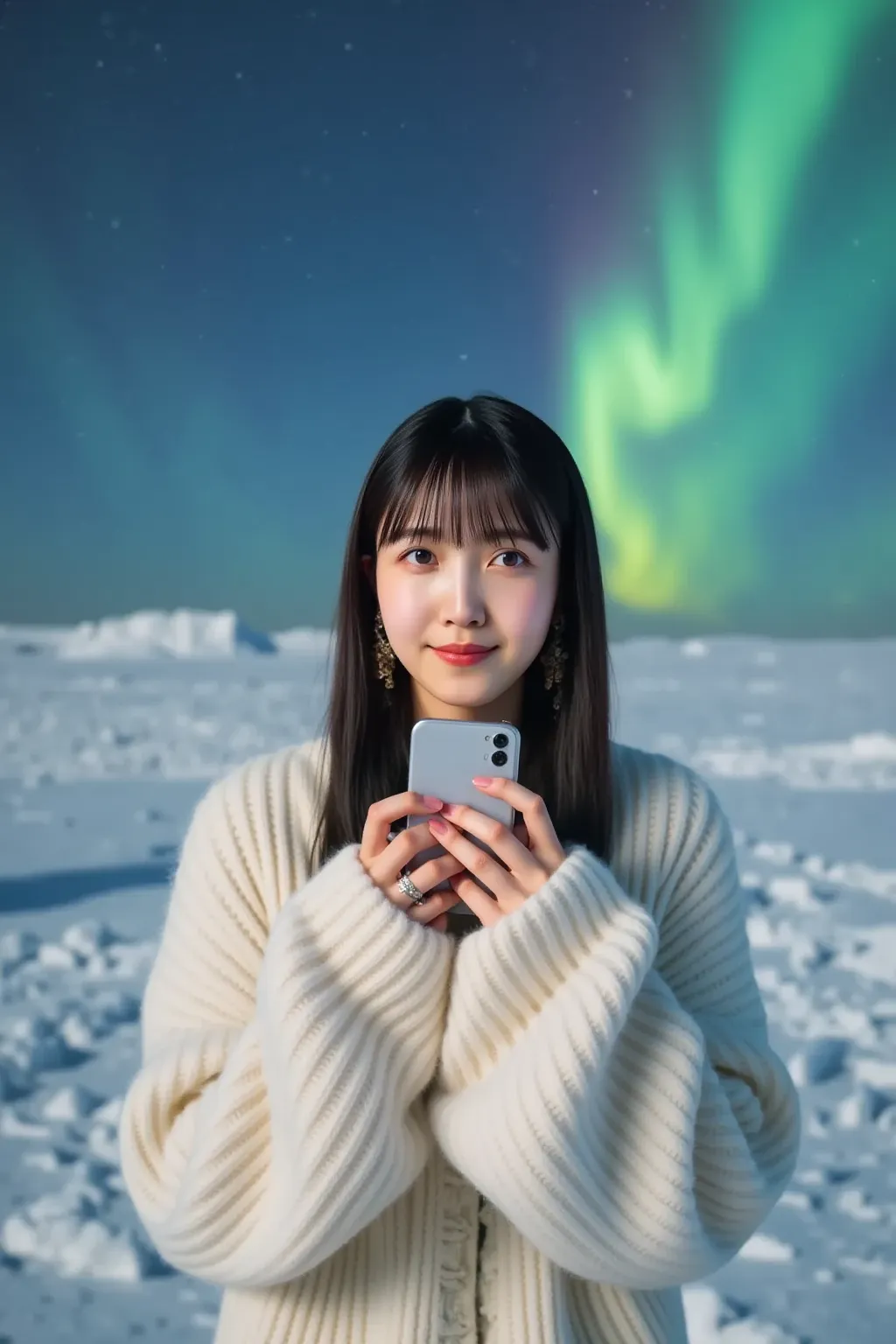 「the auroras shine in the background、colorful auroras spread through the sky。the woman is wearing winter clothes、holding a smartphone with a smile、a Japanese woman taking selfies in a fantastic atmosphere {x} the beautiful light of the auroras gently illum...