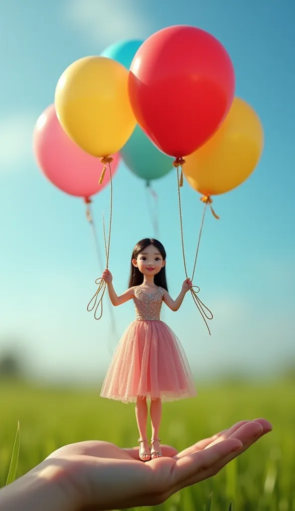 "A photorealistic image of a tiny Asian girl the size of a palm. She is dressed in an elegant evening dress with makeup and heels. In her hands she holds huge balloons, each of which is several times bigger than her. The balls are bright, multicolored, and...