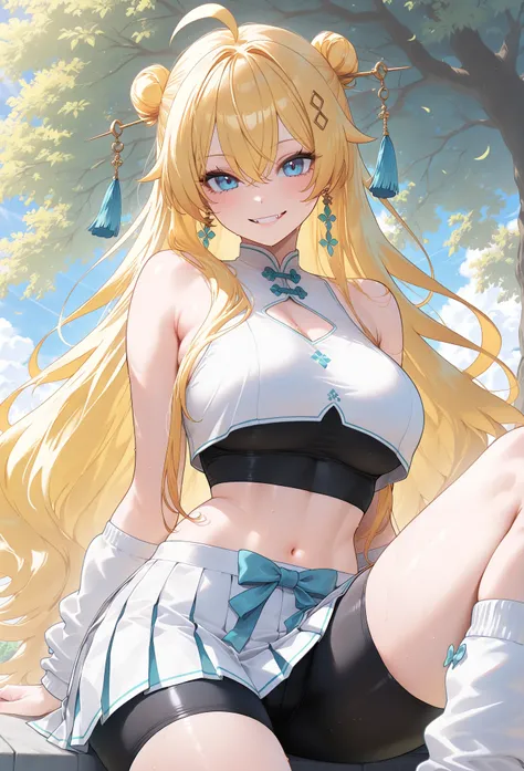 (masterpiece, high resolution, 2k resolution, best quality), (1girl, perfect anatomy, perfect face),  mixed_artwork style, (detailed eyes), beautiful woman, blonde hair, blue eyes, long hair, ahoge, unicorn horn, hair ornament, fang, bare shoulders, crop t...