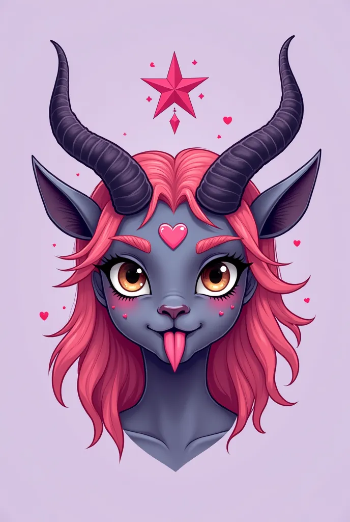 A stylized digital illustration features a girl with horns, probably goat, with an indifferent expression and pink makeup, on a light purple background.  The image is marked by the combination of vibrant colors and a unique artistic style.

The composition...