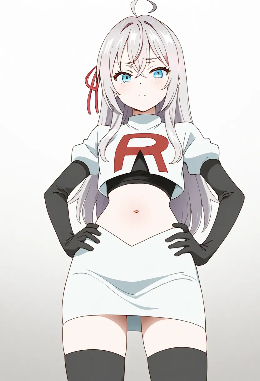 masterpiece, best quality, amazing quality,
1girl, solo, looking at viewer, gradient background, 
long hair, silver hair, ahoge, crossed bangs, red hair ribbon, sidelocks, blue eyes,
team rocket,team rocket uniform,white skirt,red letter R,crop top,black t...