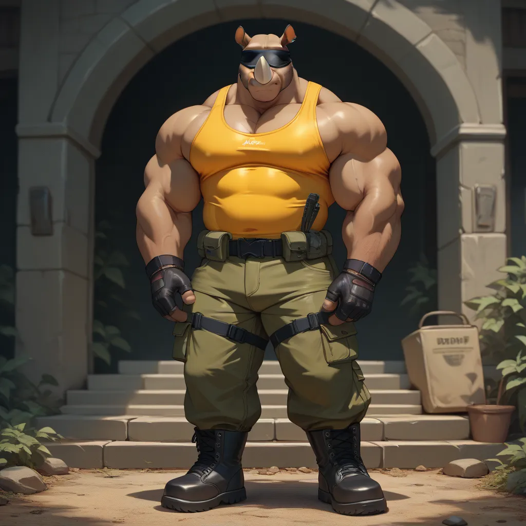 Blind hobo, rhino furry, blind, no eyed, tightly blindfolded, buff bara body, tight yellow tank top crop top, cargo military trousers, big pockets, leather boots 