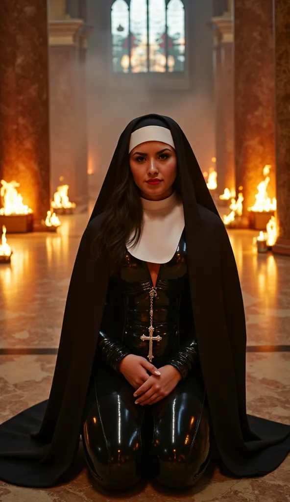 Hyperrealistic 8K photograph, intricate details, (lustful nun:1.3) kneeling in a burning opulent cathedral at night, wearing a skin-tight black latex nun habit with traditional white bib and loose coif (veil) draped over her shoulders, strands of dark hair...