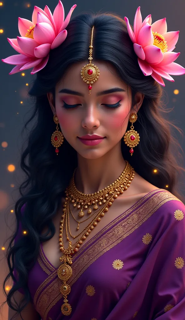 highly detailed, ultra-realistic portrait of Radha with a serene and dreamy expression, eyes gently lowered. She has delicate facial features, glowing skin, and is adorned with intricate gold jewelry, including a maang tikka, earrings, and layered necklace...