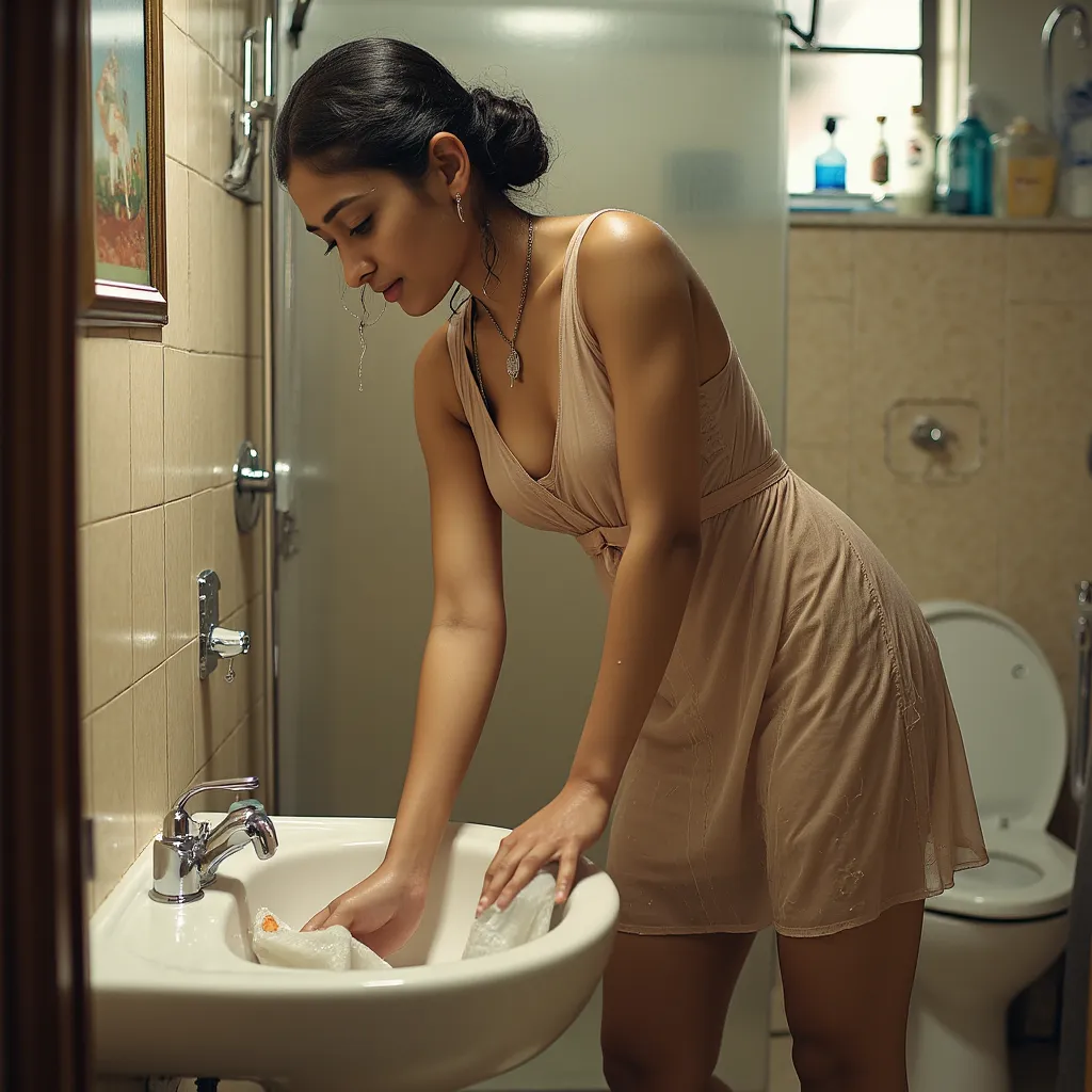 Skinny girl with A see-through, wet, faded dress cleaning bathroom sights swacha bharat abhijan, tan colour skin