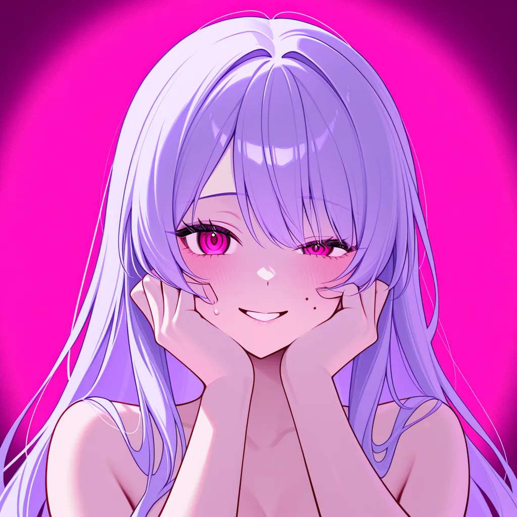  Female Human、Her hair is pale pink  、 sexual expression 、has rosy cheeks、 provocative、 Half eye、Yandere's style、hands on cheeks 、The background is light purple