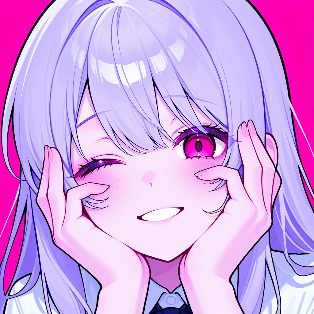  Female Human、Her hair is pale pink  、 sexual expression 、has rosy cheeks、 provocative、 Half eye、Yandere's style、hands on cheeks 、The background is light purple