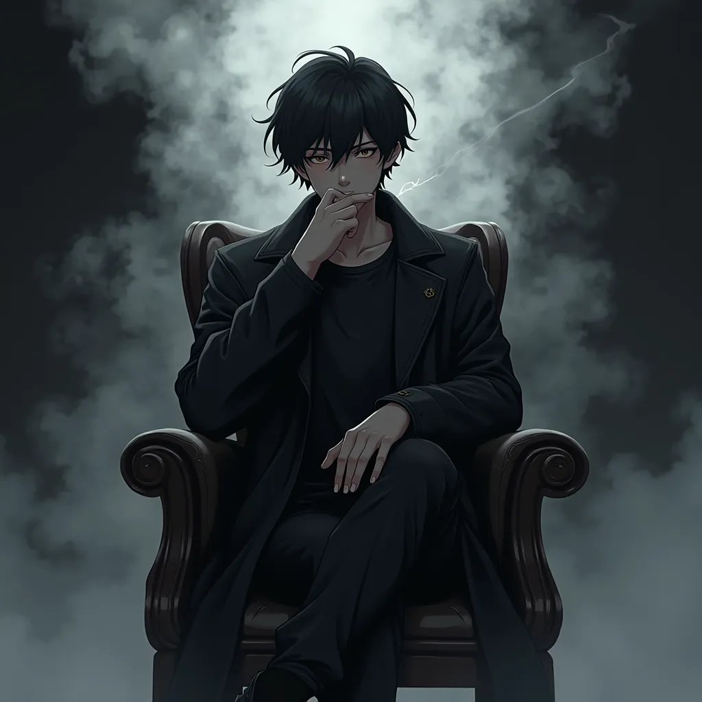 Create a Anime ager boy image sitting on a chair and holding a cigarette and wearing a long court and pent that says "EHSAN" AND ALL AROUND WHITE  AND BLACK SMOKY environment