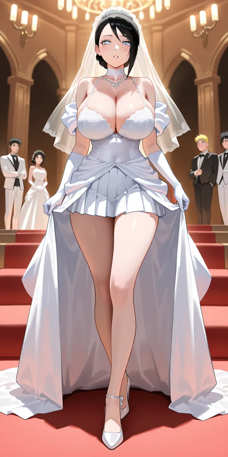 Masterpiece, newest, vibrant, very aesthetic, elegant mature woman, hinata\(naruto\), white eyes, hair bridal style, black color hair, forehead, white hijabs wedding, tall, big breast, cleavage, white short wedding dress, white bra, bridal pleated mini ski...