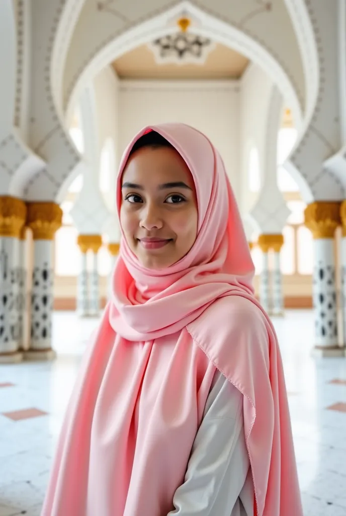 Create an image of a 21-year-old girl wearing a hijab in light pink and white colors. The hijab should have the name 'Nimra' printed on it. She is standing in a mosque with intricate Islamic architecture in the background. And the face is hide or sawing ba...